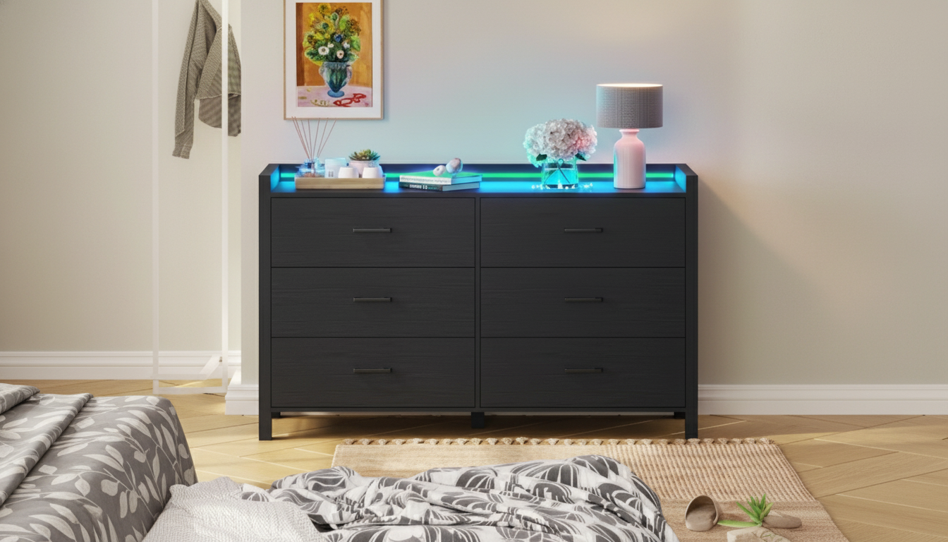 Modern LED 6-Drawer Dresser: Wood Chest With Adjustable Light