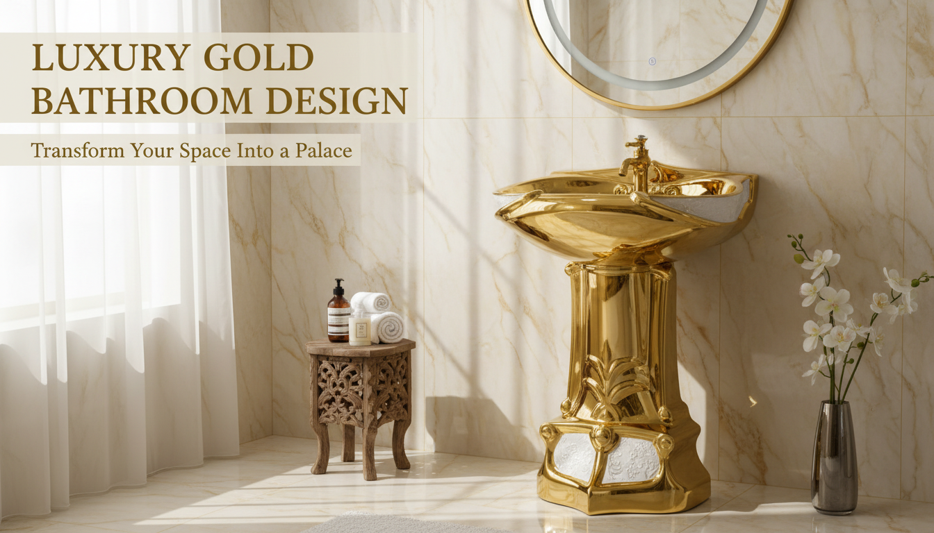 Mosaic Gold Vintage Pedestal Sink: Ceramic Basin + Overflow