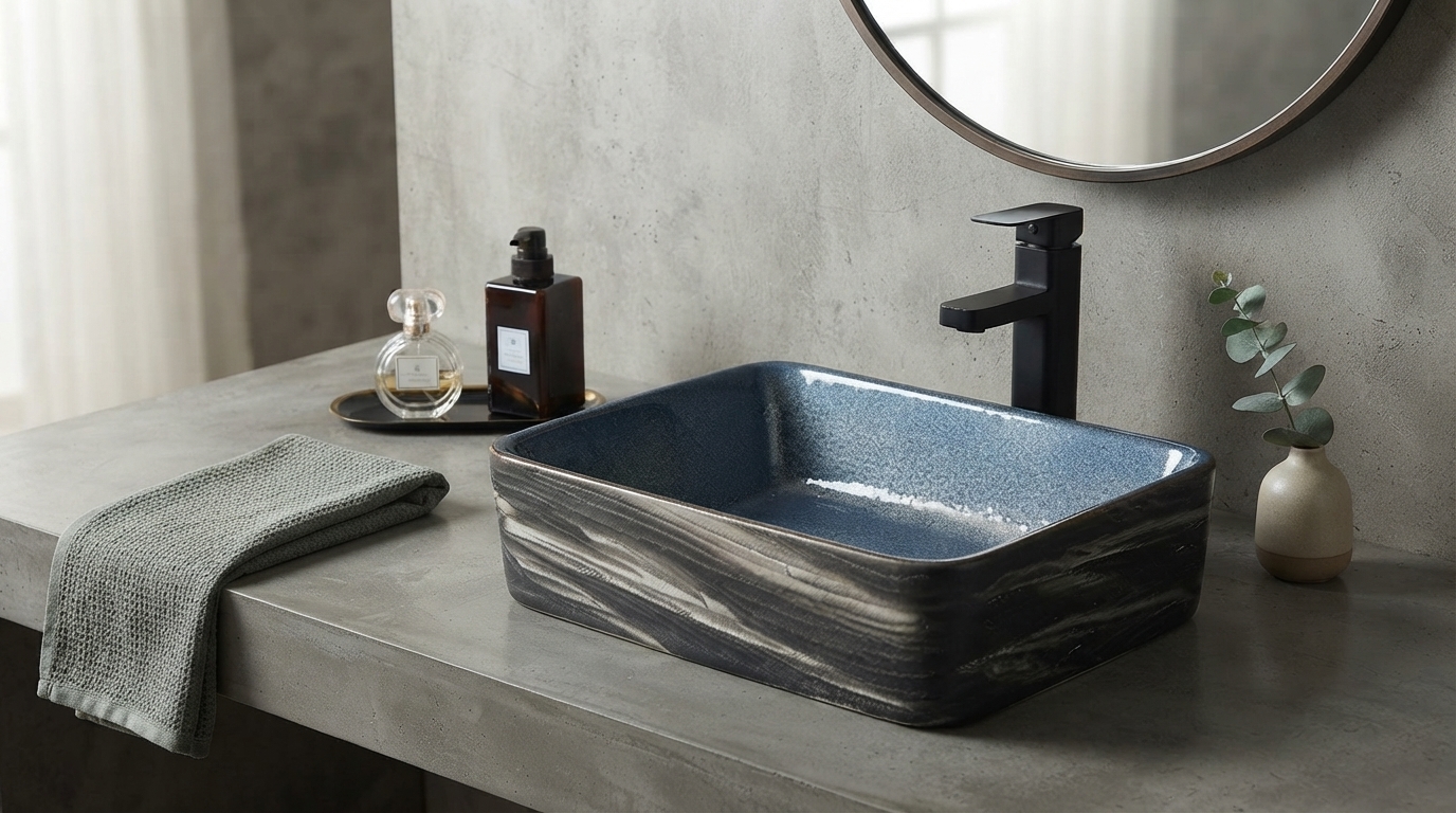 Blue-Interior Ceramic Rectangular Vessel Sink Guide